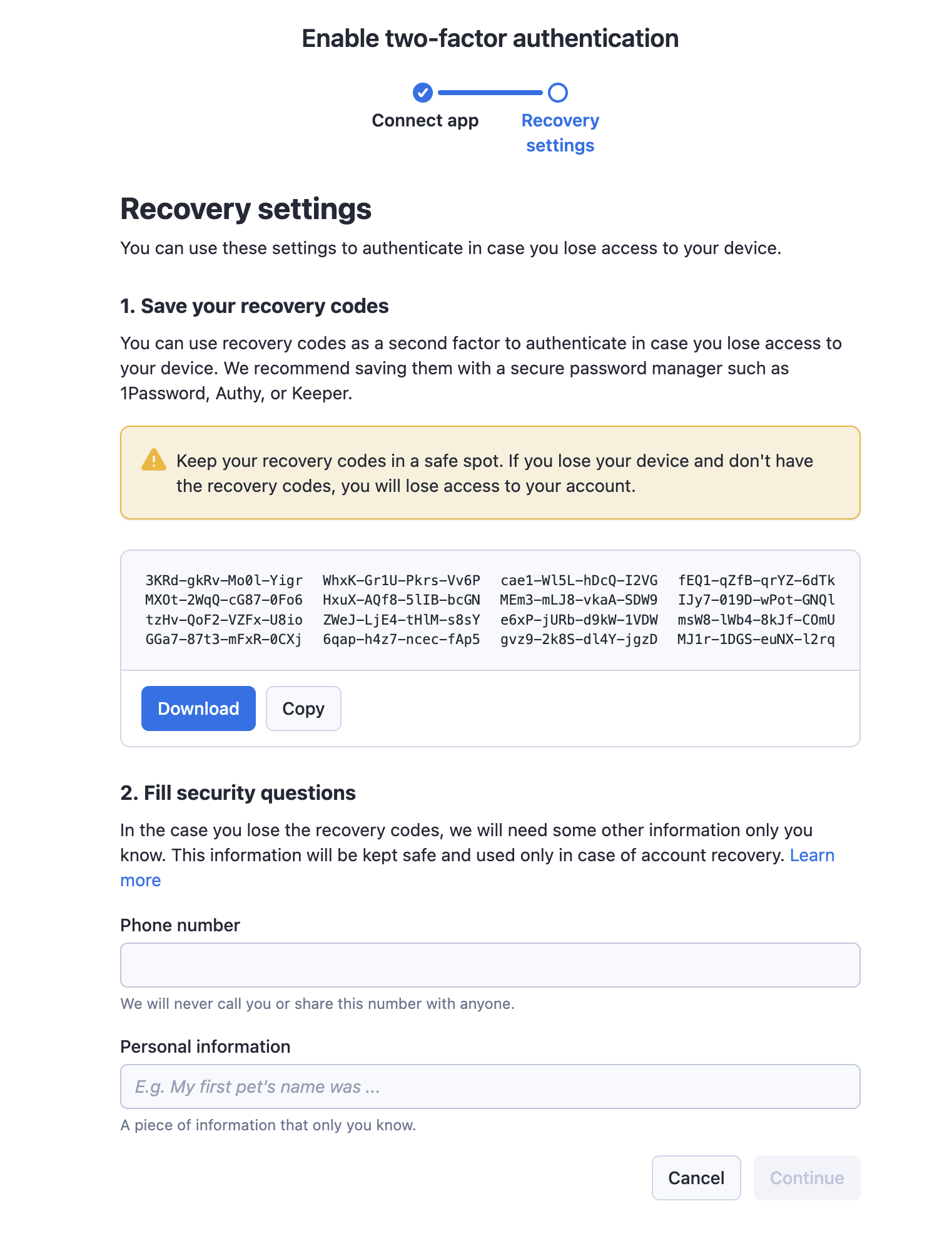 Apify Console setup two-factor authentication - recovery codes