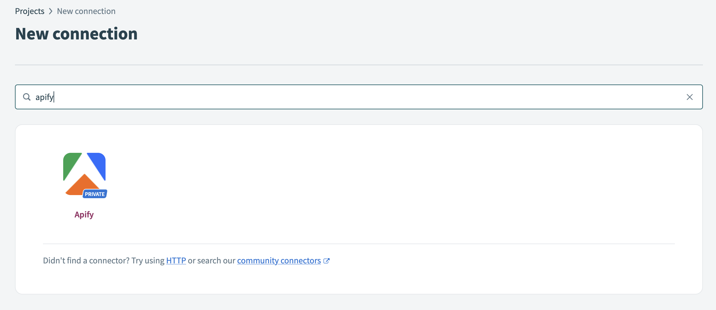 Screenshot showing how to search for the Apify connector in Workato