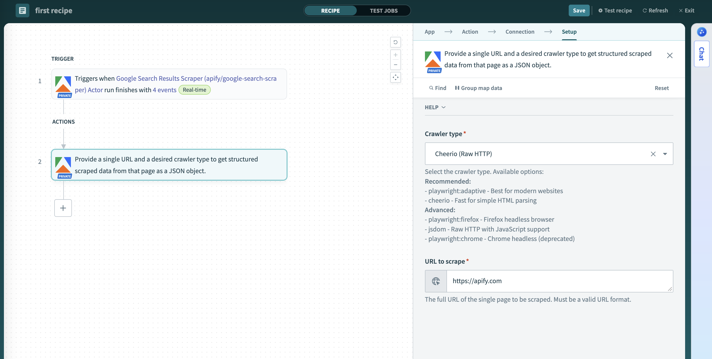 Screenshot of the Scrape Single URL action configuration interface in Workato